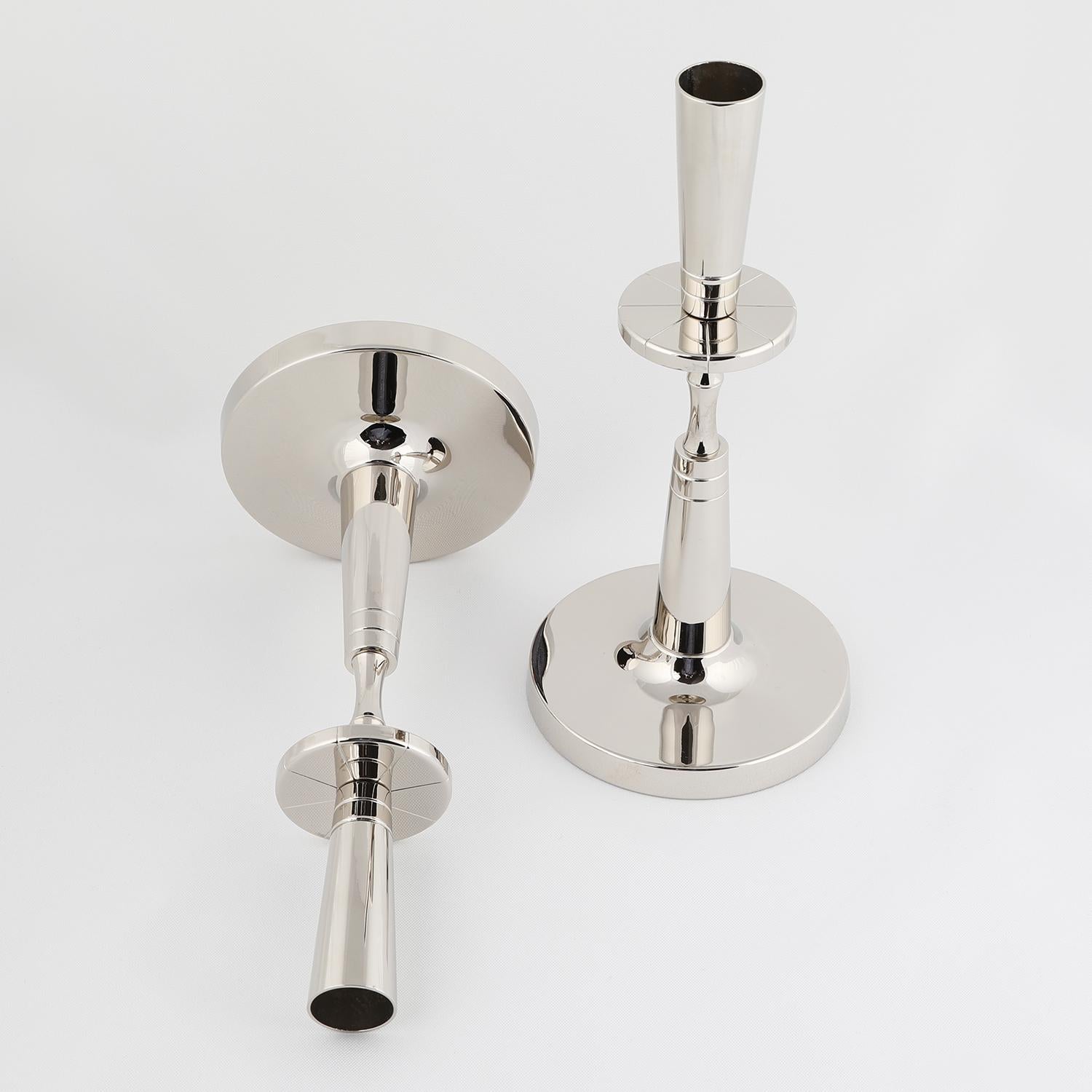 Mid-Century Modern Tommi Parzinger Pair of Candelabra in Polished Nickel 1950s (Signed) For Sale