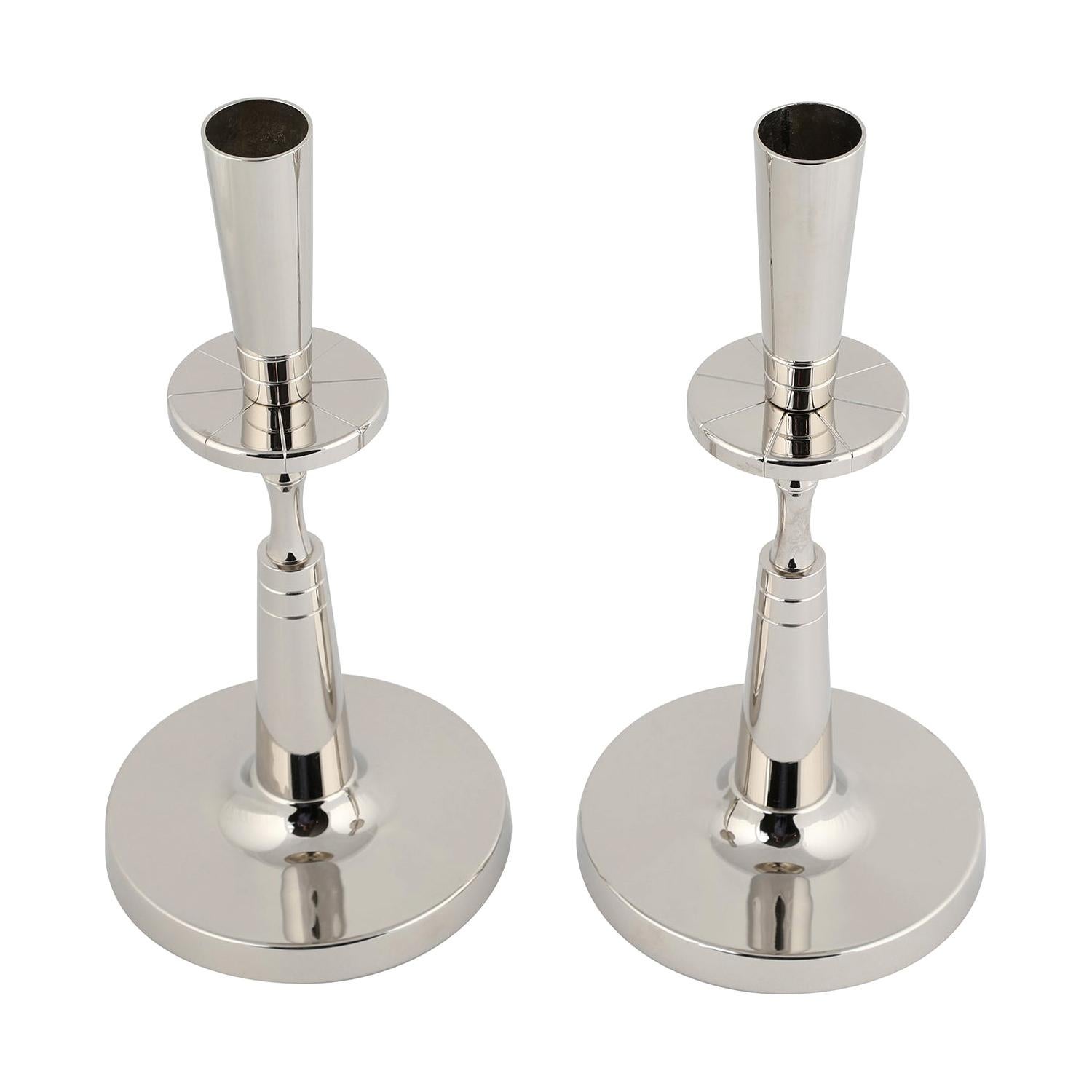 Tommi Parzinger Pair of Candelabra in Polished Nickel 1950s (Signed) For Sale