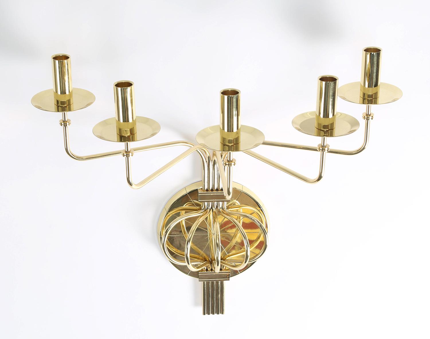 Mid-Century Modern Tommi Parzinger Pair of Impressive 5 Arm Wall Sconces in Polished Brass, 1950s For Sale