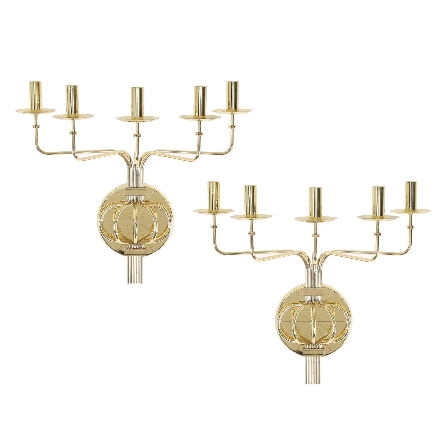 Tommi Parzinger Pair of Impressive 5 Arm Wall Sconces in Polished Brass, 1950s For Sale