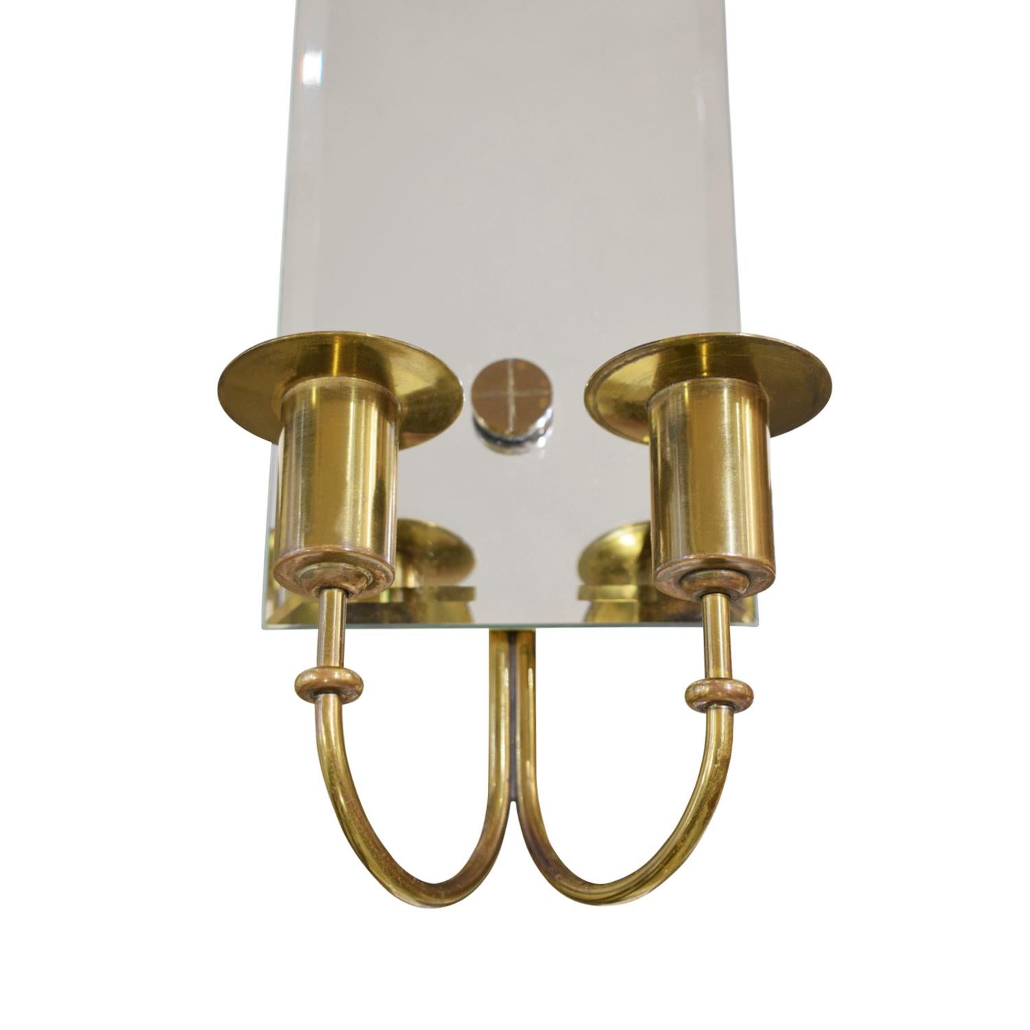 Beveled Tommi Parzinger Pair of Mirrored Sconces with Brass Candleholders, 1950s