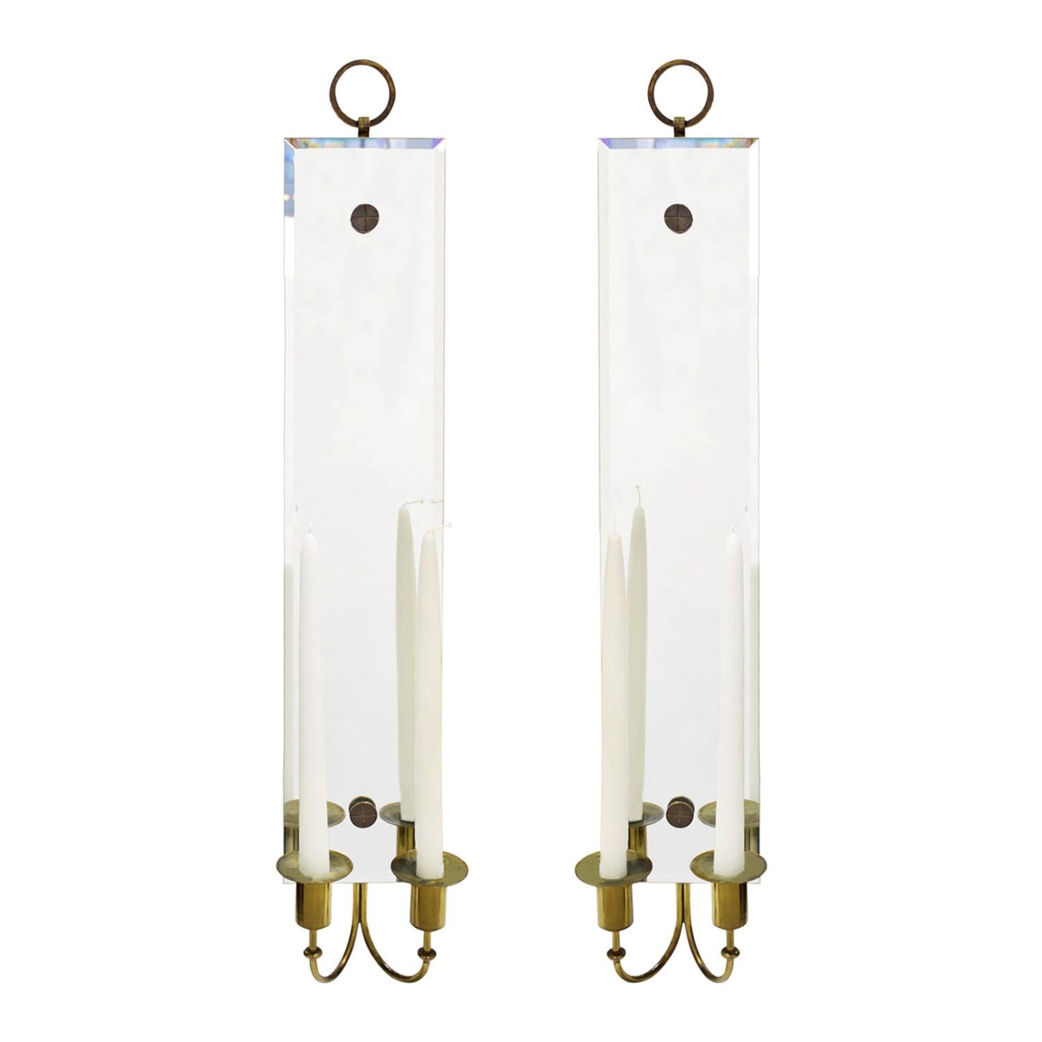Tommi Parzinger Pair of Mirrored Sconces with Brass Candleholders, 1950s