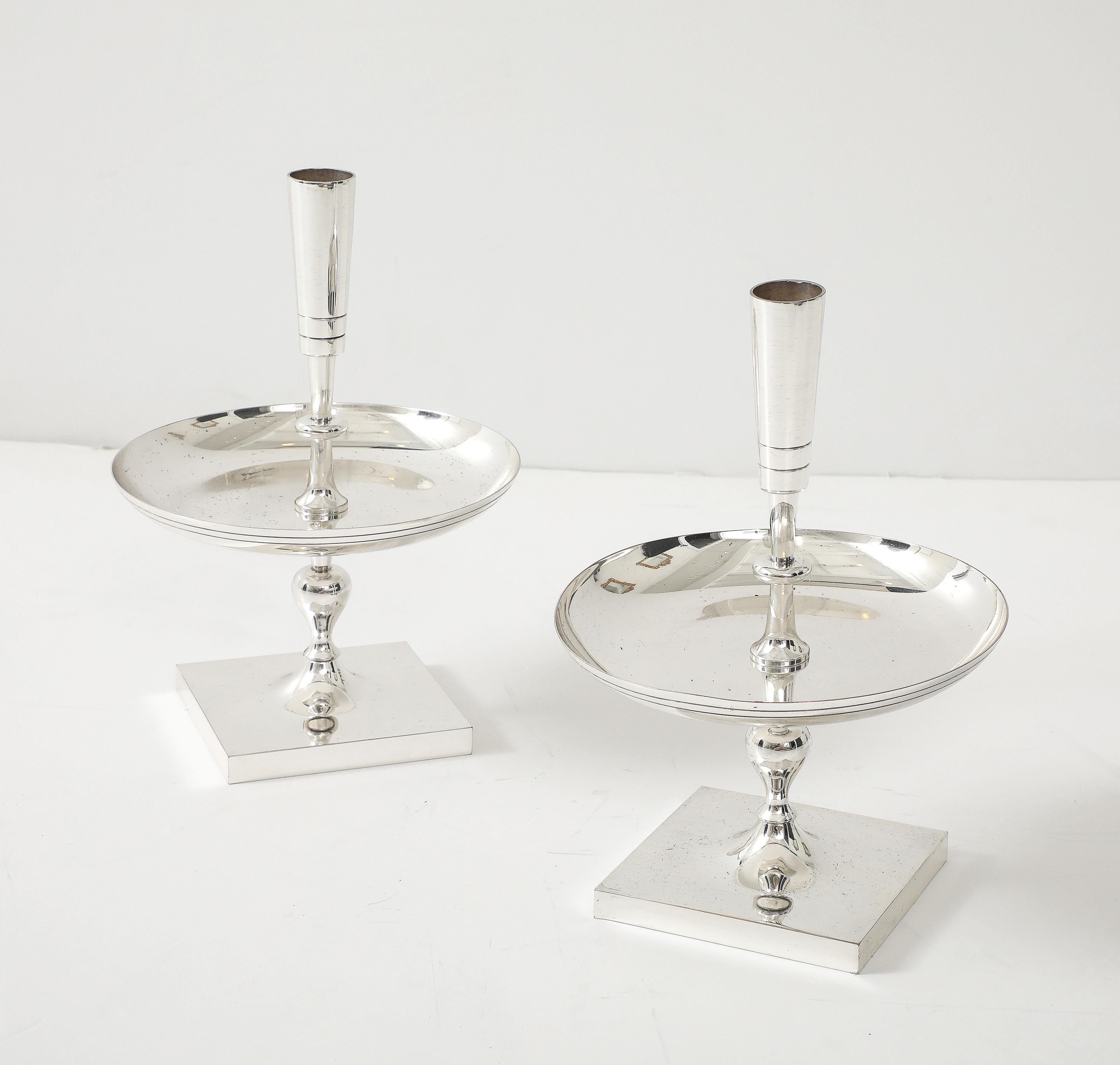 American Tommi Parzinger Polished Nickel Candlesticks For Sale
