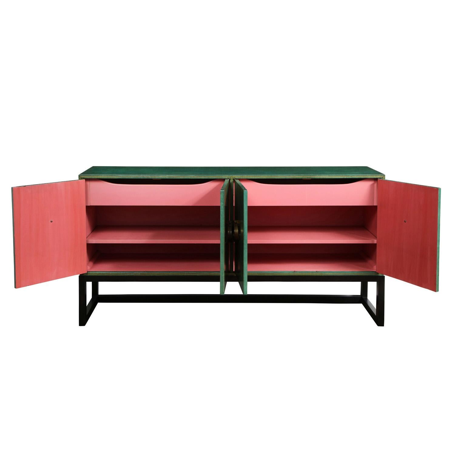 Mid-Century Modern Tommi Parzinger Rare 4 Door Hand-Tooled Leather Credenza, 1940s
