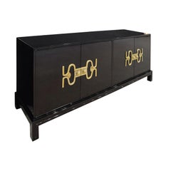 Tommi Parzinger Rare Black Lacquered Credenza with Brass Hardware, 1960s