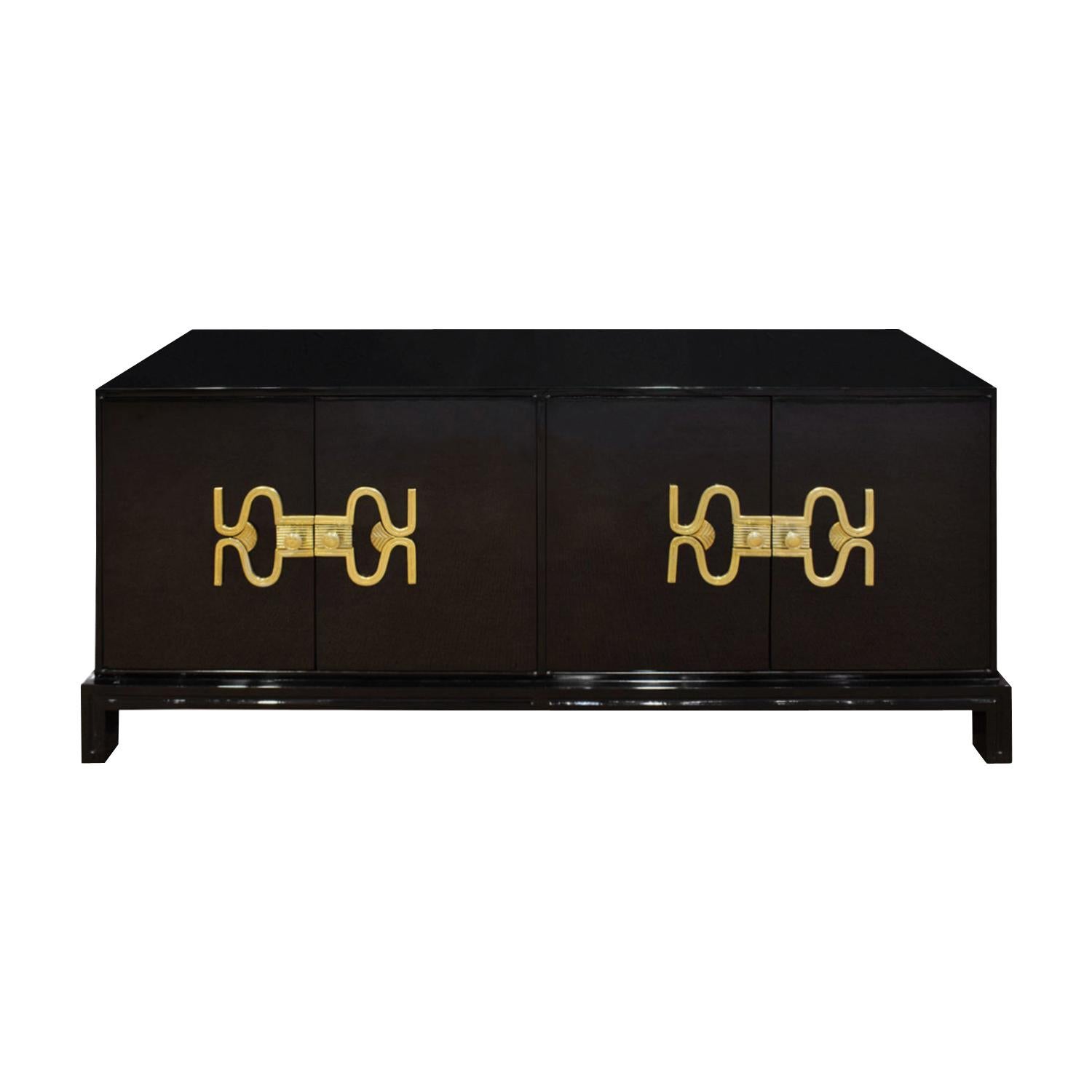 Tommi Parzinger Rare Black Lacquered Credenza with Brass Hardware, 1960s
