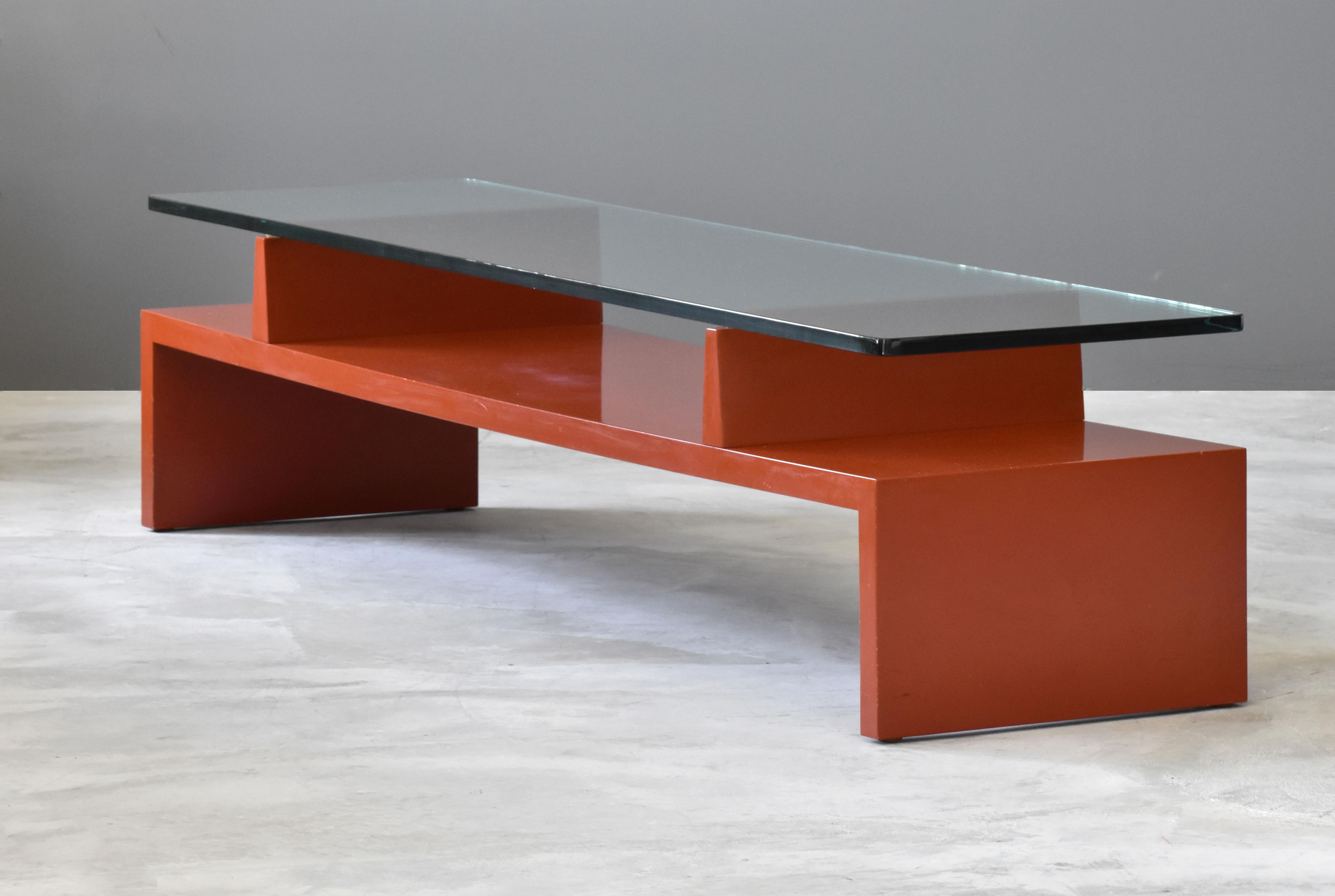 American Tommi Parzinger, Rare Coffee Table, Red Lacquer Wood, Glass, Parzinger Originals