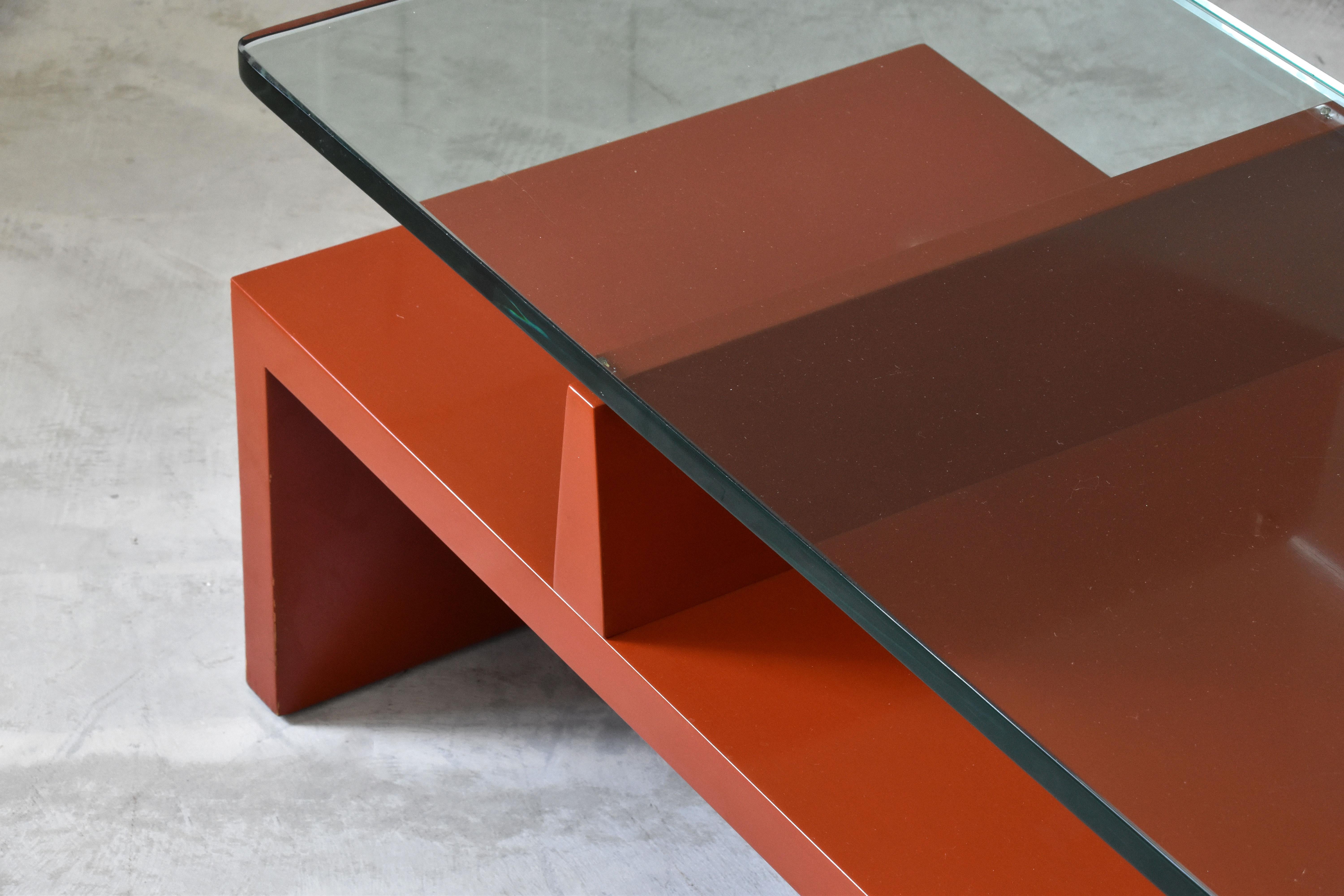 Tommi Parzinger, Rare Coffee Table, Red Lacquer Wood, Glass, Parzinger Originals In Good Condition In High Point, NC