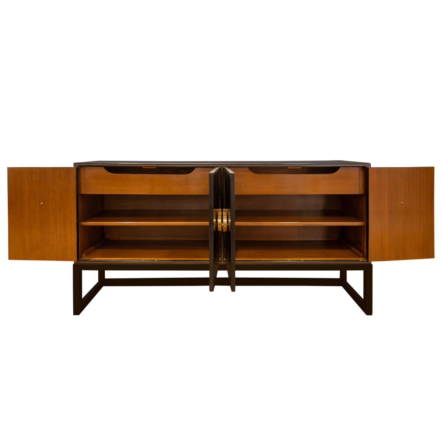 Tommi Parzinger Rare Hand-Tooled Black Leather Credenza 1940s (Signed) In Excellent Condition In New York, NY