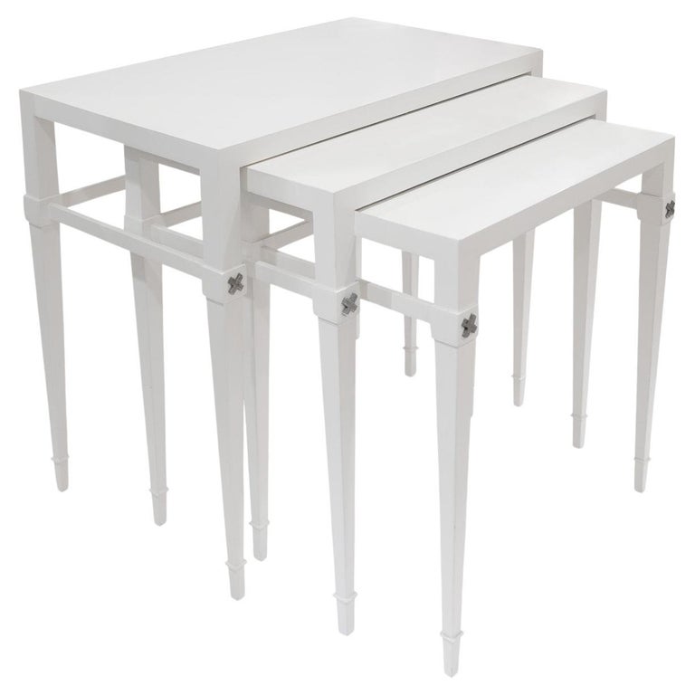 Tommi Parzinger Rare Set of 3 Nesting Tables in White Lacquer 1940s