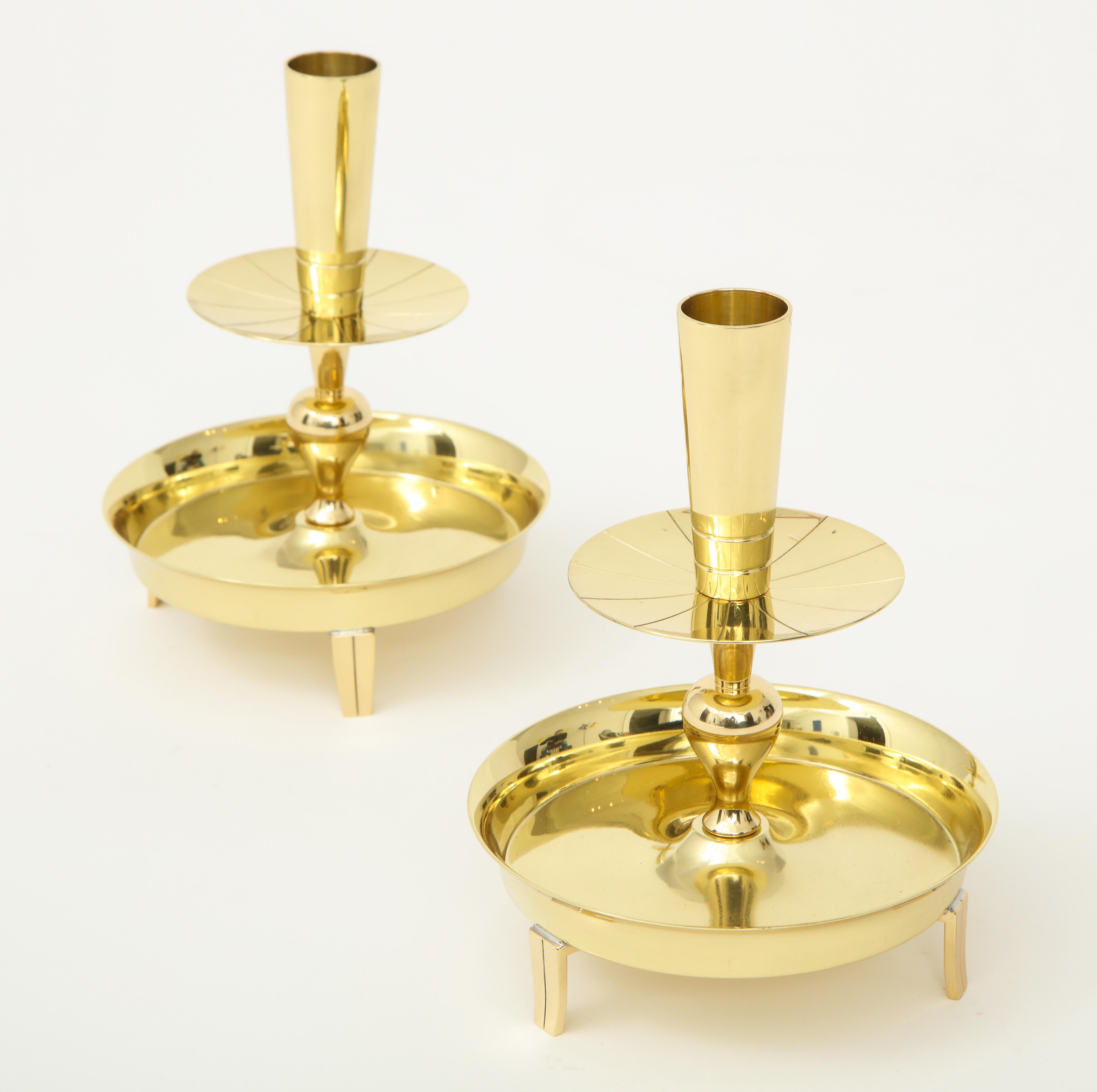 Mid-Century Modern Tommi Parzinger Round Brass Candlesticks For Sale
