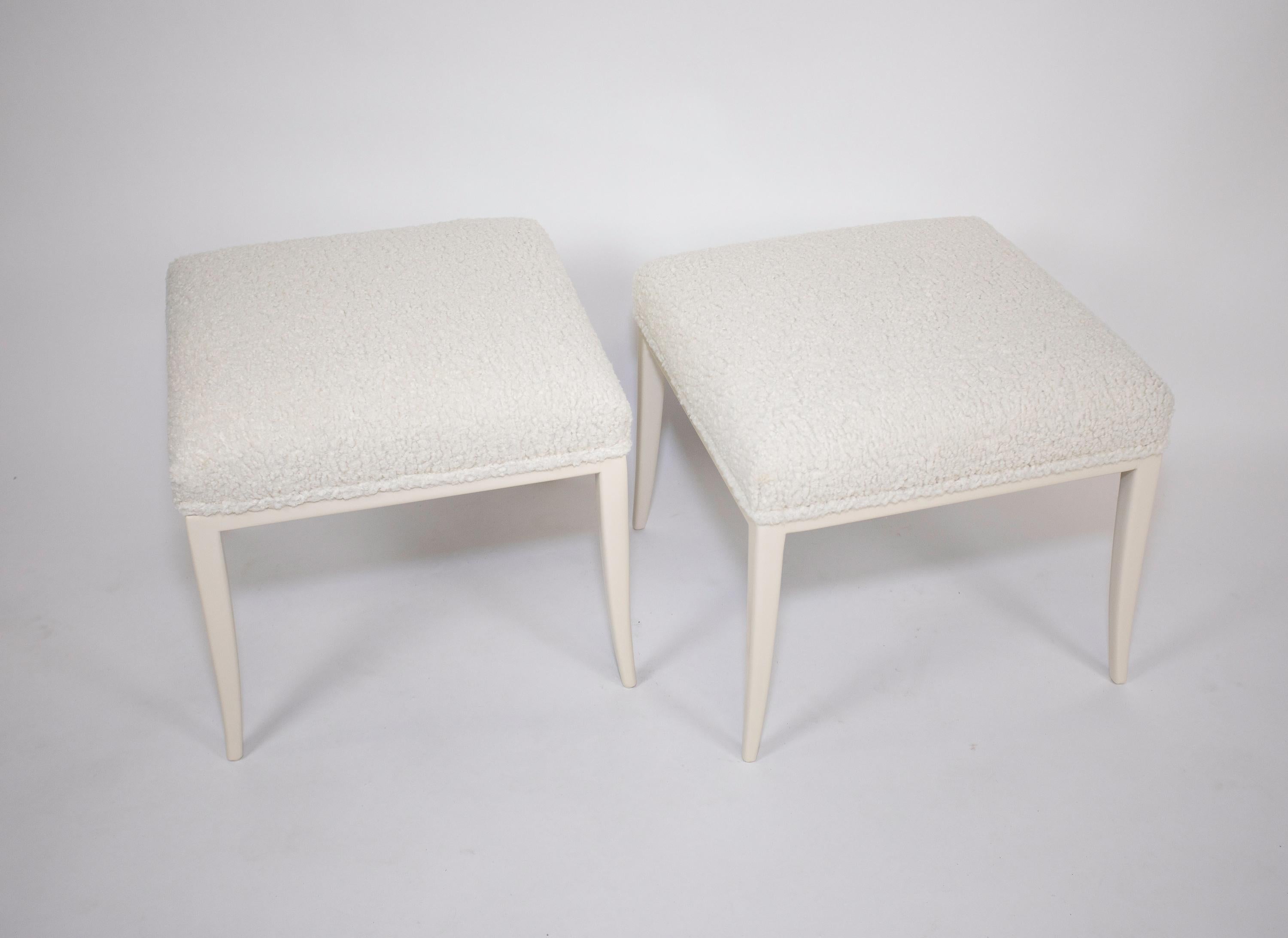 A matched pair of Parzinger Originals stools.
Re-upholstered in Boucle Fabric.
Re-Lacquered in their original color.
Diminutive and elegant.