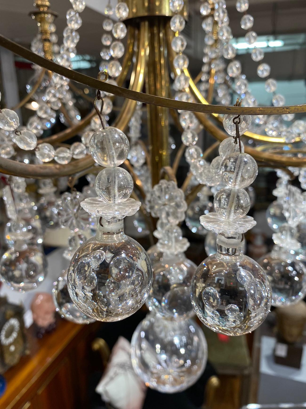 Glass Tommi Parzinger Style 1950s Hollywood Regency Brass & Crystal Chandelier