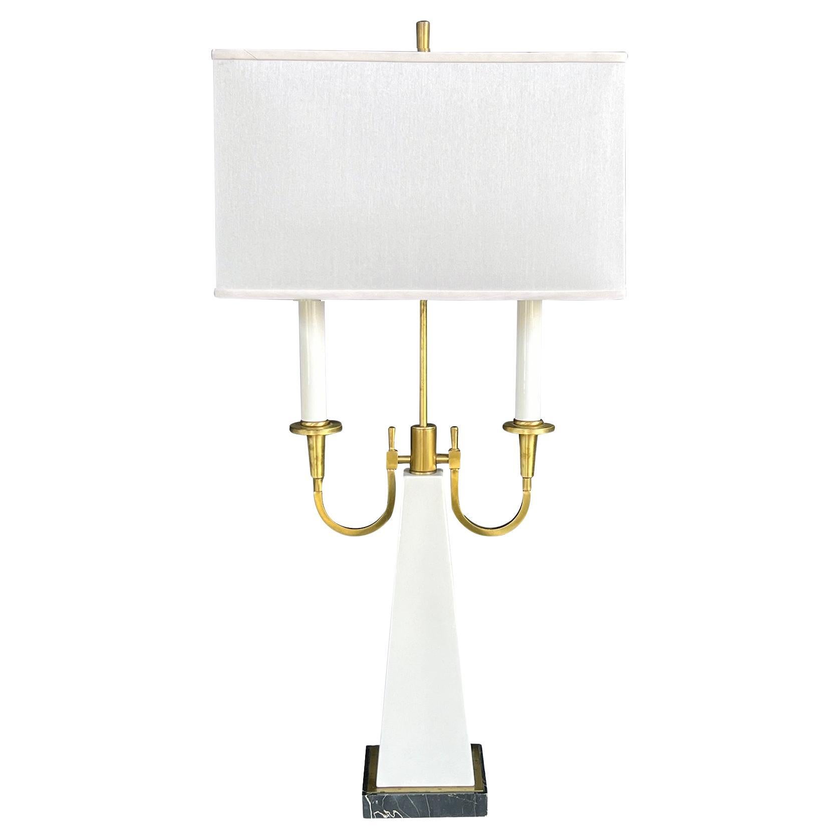 Tommi Parzinger Style 1950s Two-light Brass and Ceramic Bouilotte Lamp