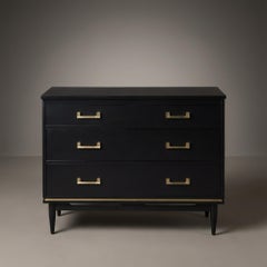 Tommi Parzinger Style 4-Drawer Dresser in Ebony Lacquer & Brass Pulls