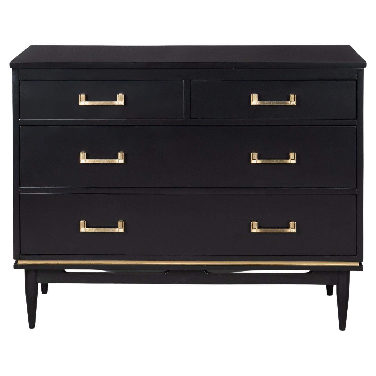 Tommi Parzinger Style 4-Drawer Dresser in Ebony Lacquer & Brass Pulls