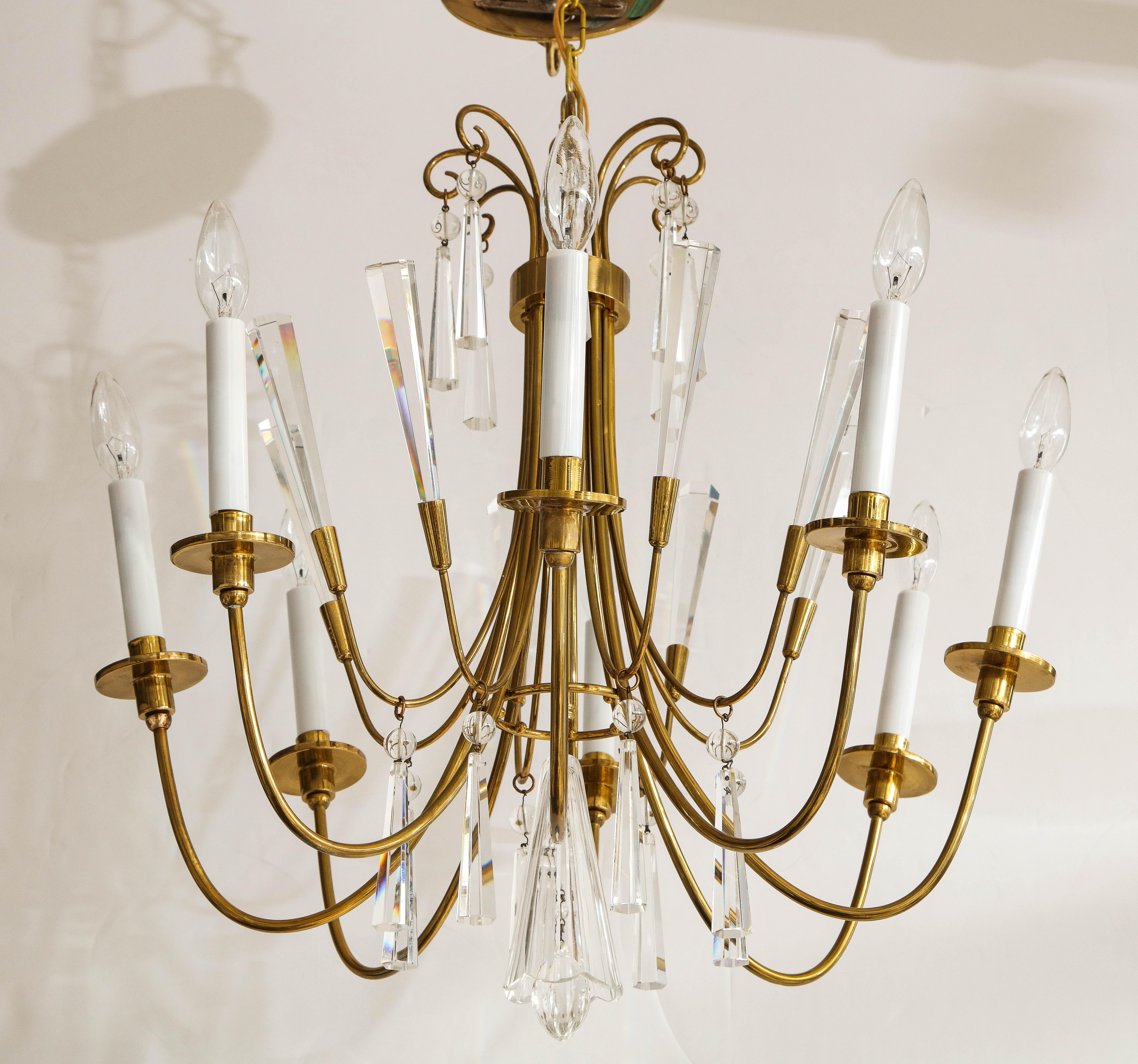 Mid-Century Modern Tommi Parzinger Style Brass and Crystal Chandelier For Sale