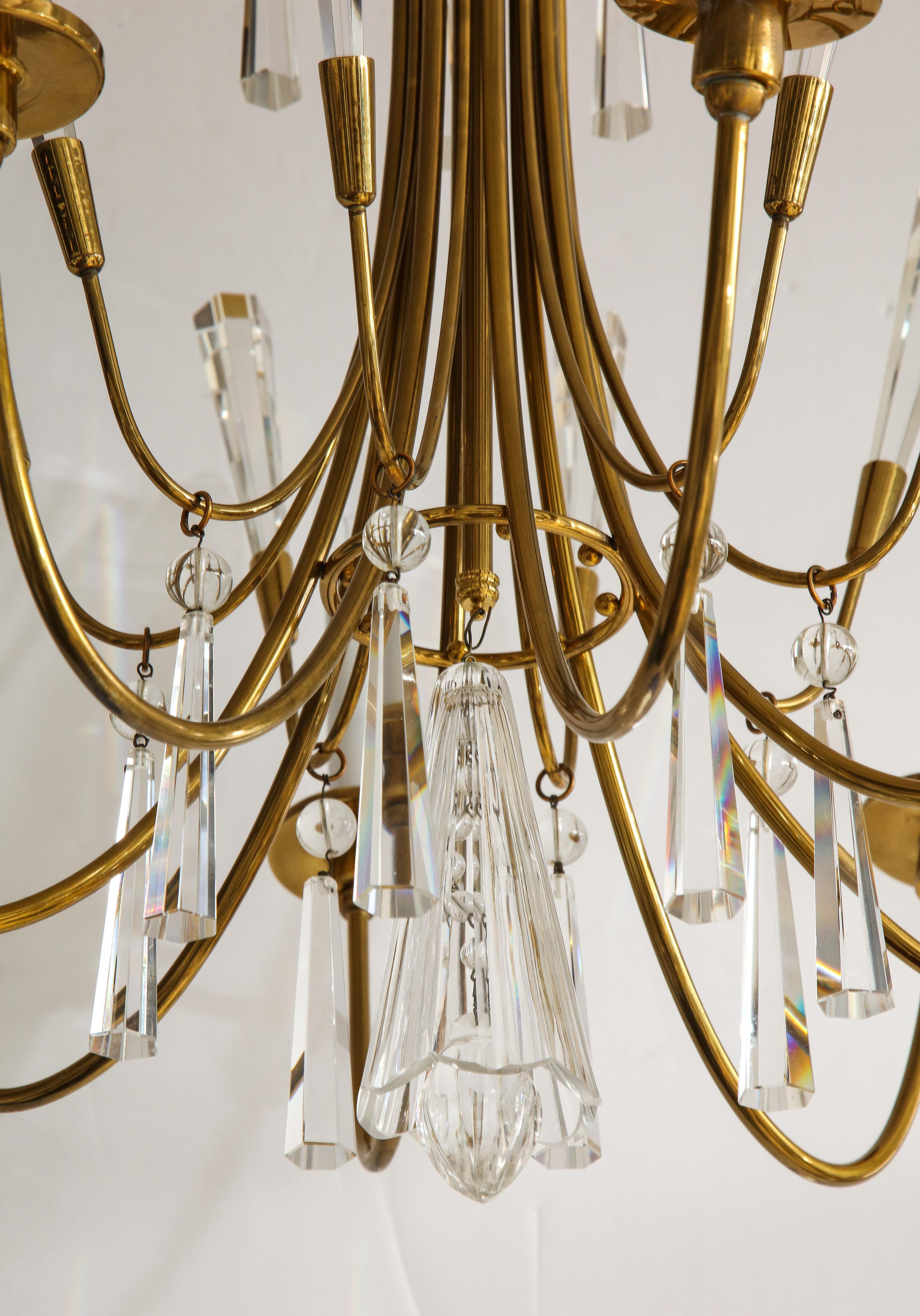 German Tommi Parzinger Style Brass and Crystal Chandelier For Sale
