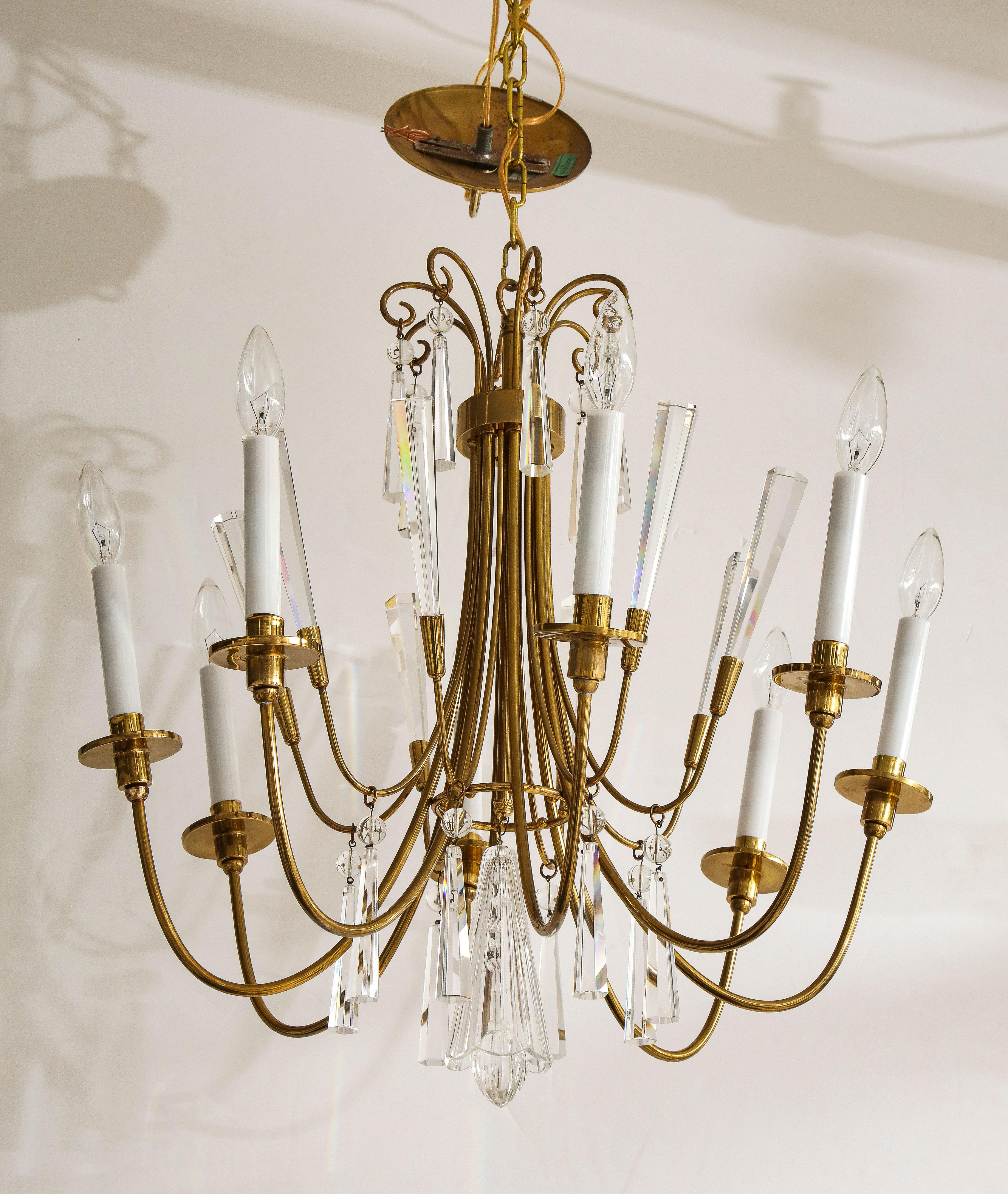 Tommi Parzinger Style Brass and Crystal Chandelier For Sale 1