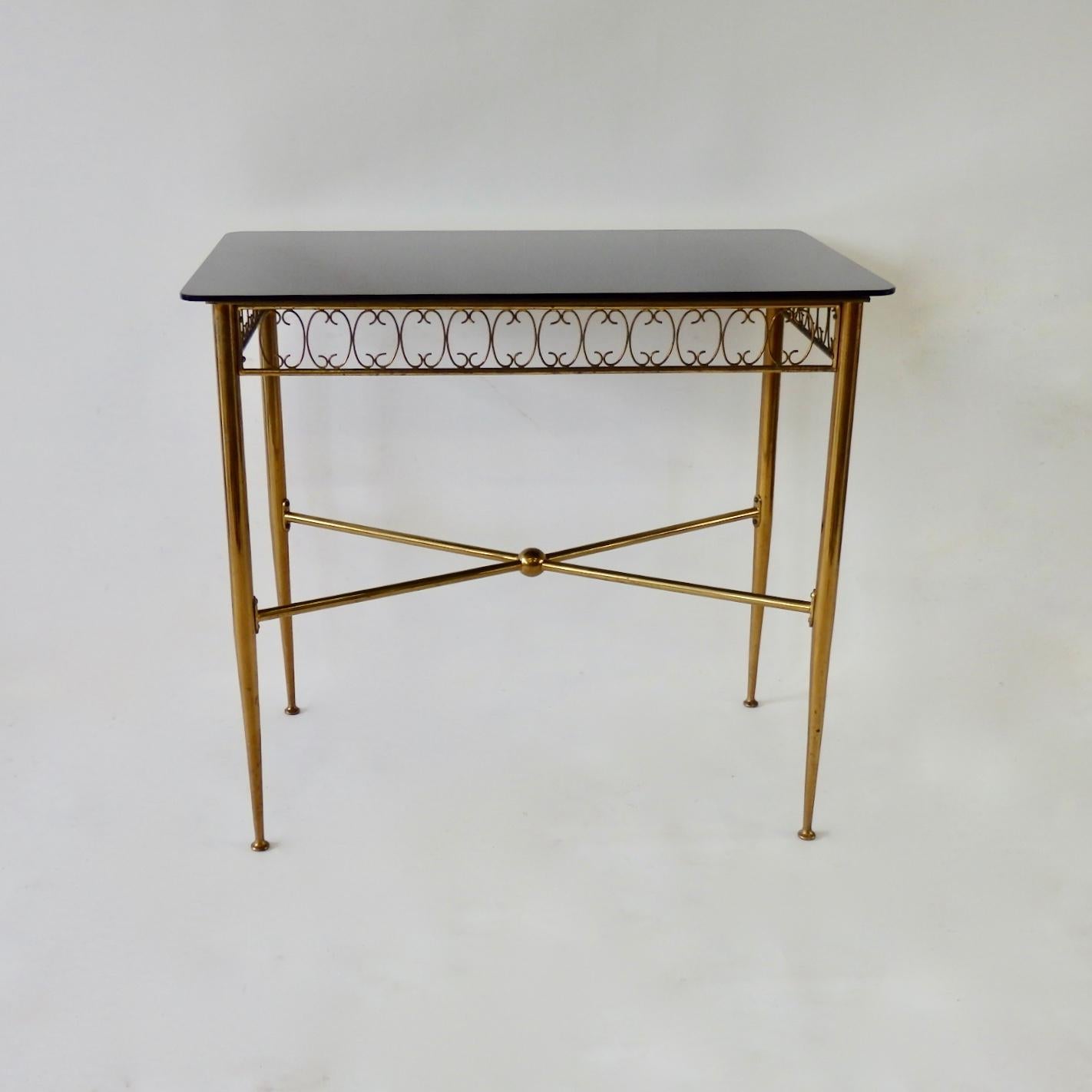 Mid-Century Modern Tommi Parzinger Style Brass Base Vitrolite Glass Top Console or Entry Table For Sale