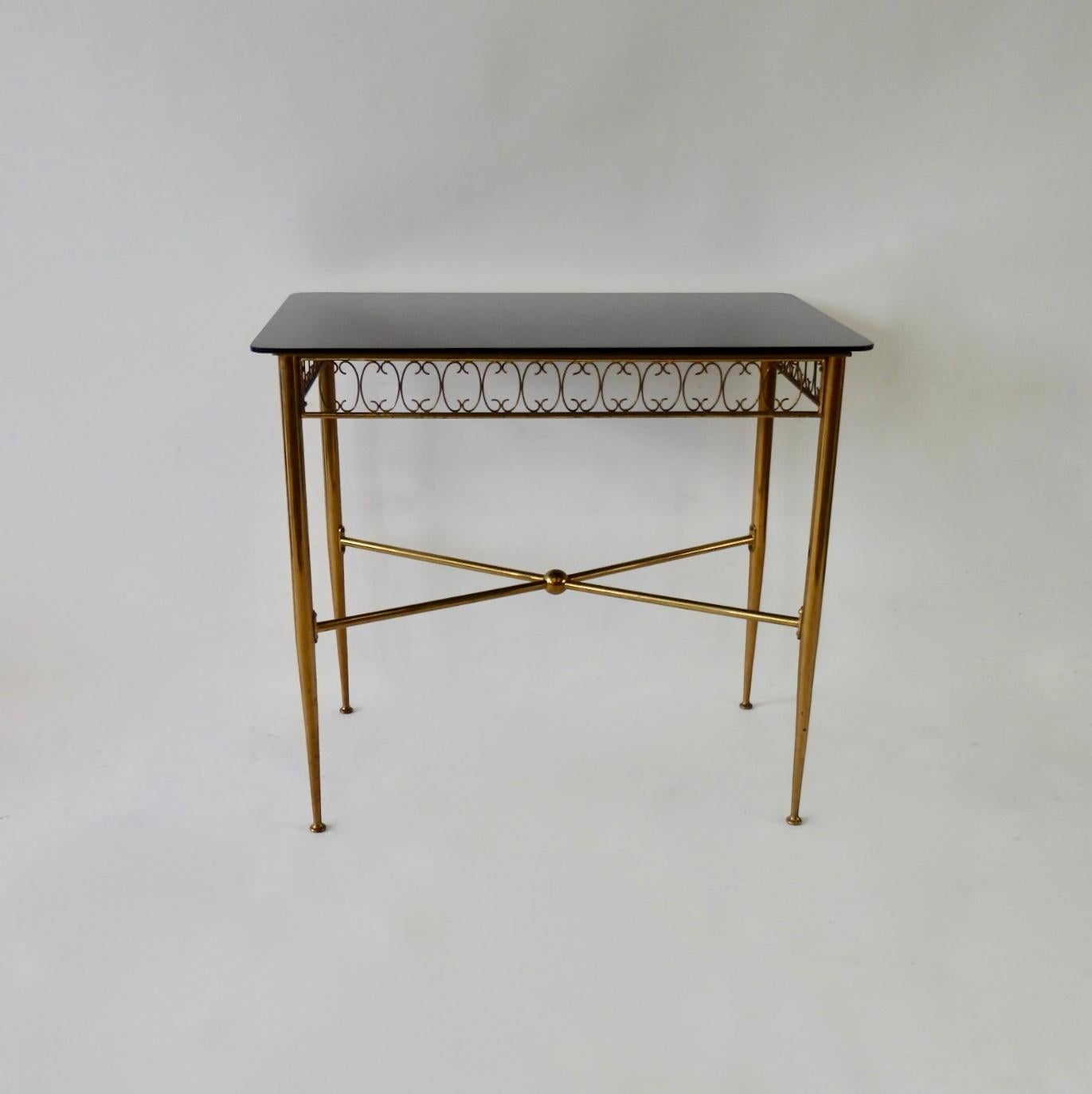 Italian Tommi Parzinger Style Brass Base Vitrolite Glass Top Console or Entry Table For Sale