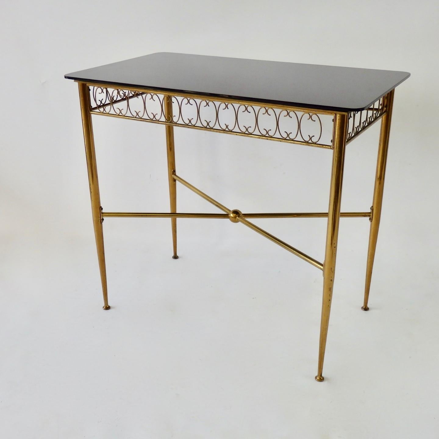 20th Century Tommi Parzinger Style Brass Base Vitrolite Glass Top Console or Entry Table For Sale