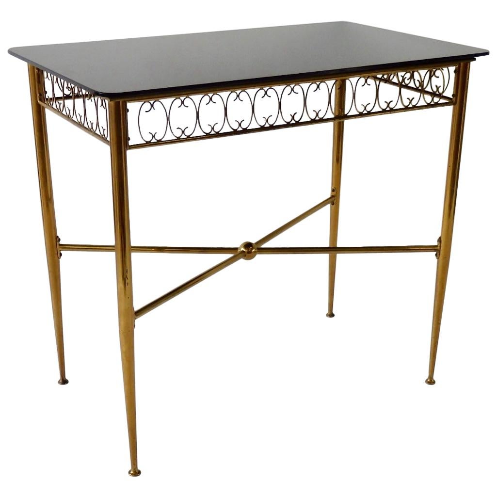 Tommi Parzinger Style Brass Base Vitrolite Glass Top Console or Entry Table