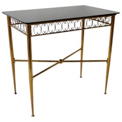 Used Tommi Parzinger Style Brass Base Vitrolite Glass Top Console or Entry Table