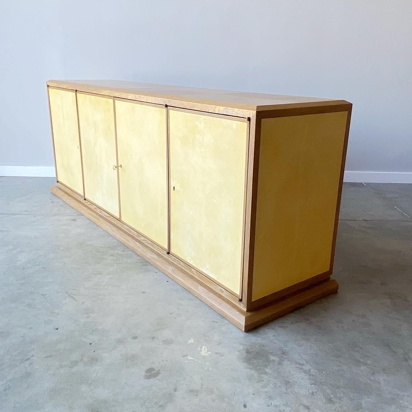 Goatskin Tommi Parzinger Style Cabinet/Credenza, Cerused Oak and Parchment