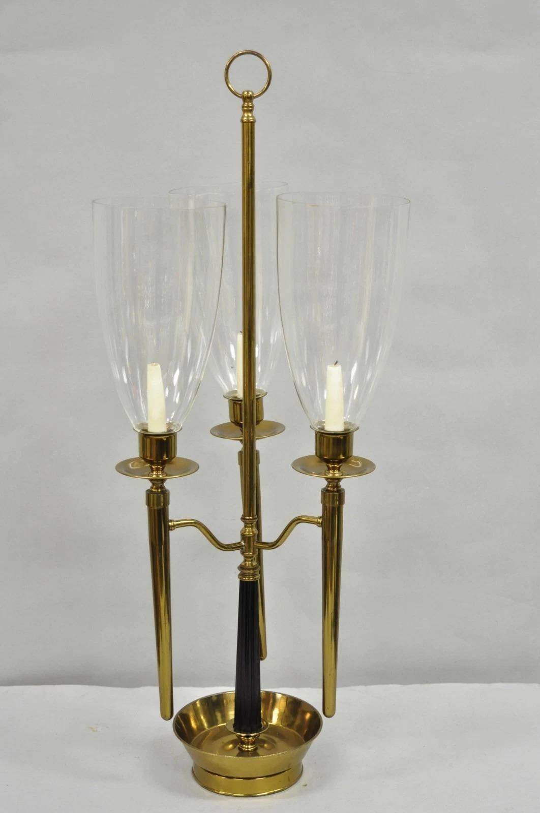 Tommi Parzinger Style Mid Century Modern Tall Brass Hurricane Shade Candelabra For Sale 6