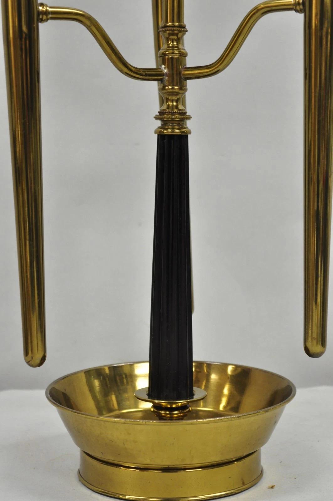 Tommi Parzinger Style Mid Century Modern Tall Brass Hurricane Shade Candelabra In Good Condition For Sale In Philadelphia, PA