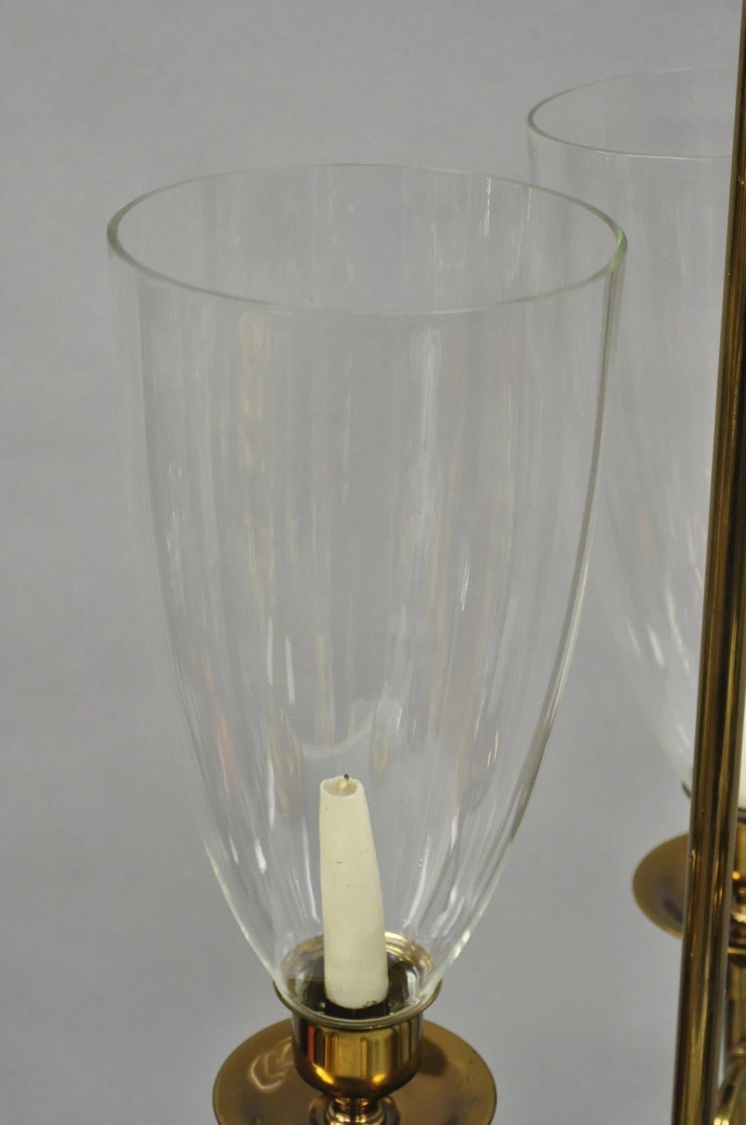 Tommi Parzinger Style Mid Century Modern Tall Brass Hurricane Shade Candelabra For Sale 1