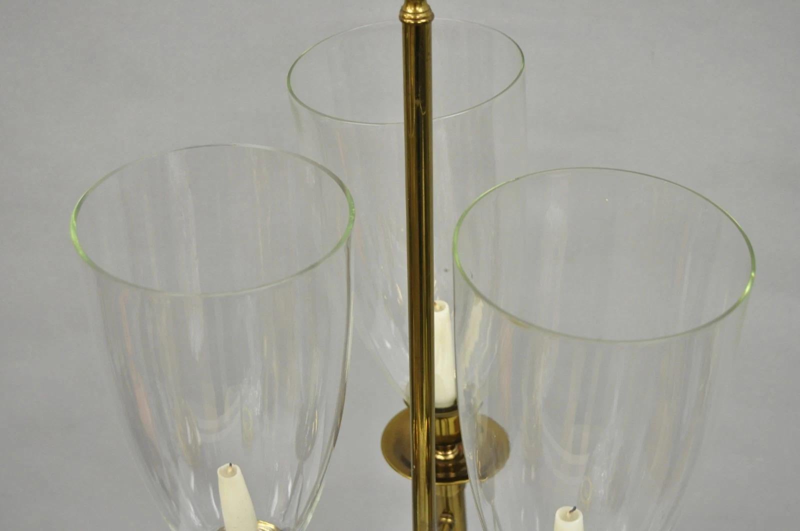 Tommi Parzinger Style Mid Century Modern Tall Brass Hurricane Shade Candelabra For Sale 2