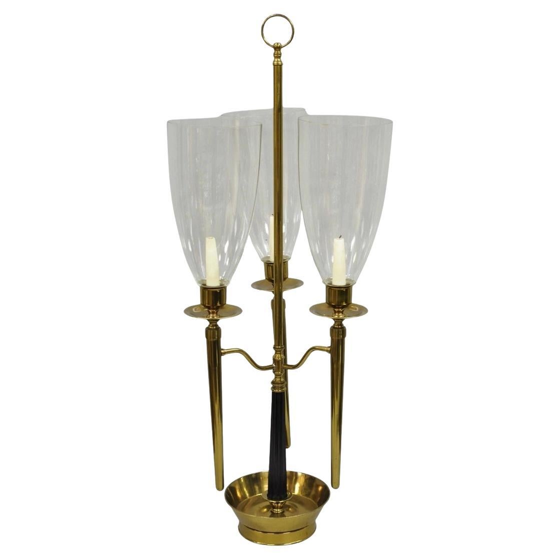 Tommi Parzinger Style Mid Century Modern Tall Brass Hurricane Shade Candelabra For Sale
