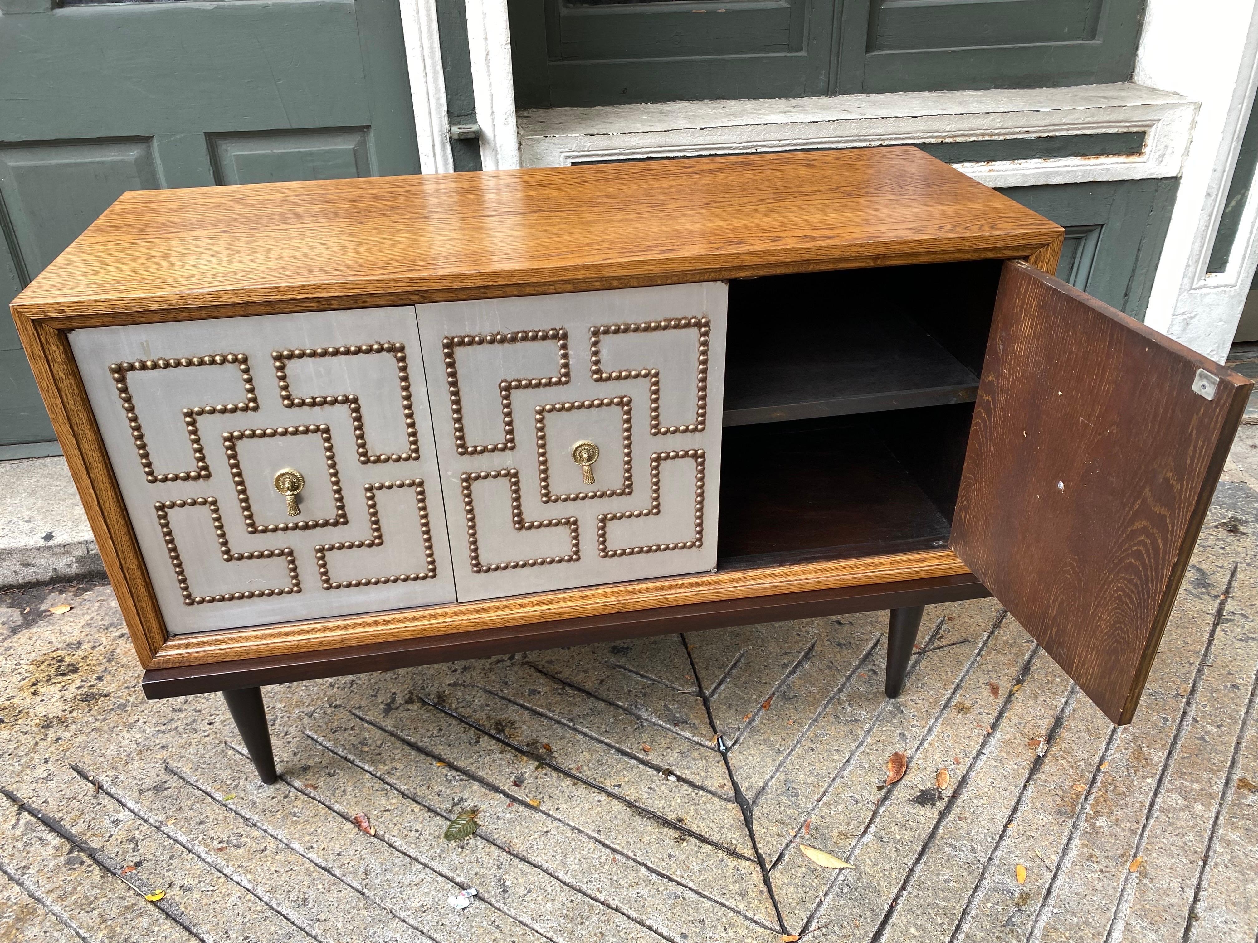 Tommi Parzinger Style Studded Front 3 Door Credenza on Bench For Sale 2