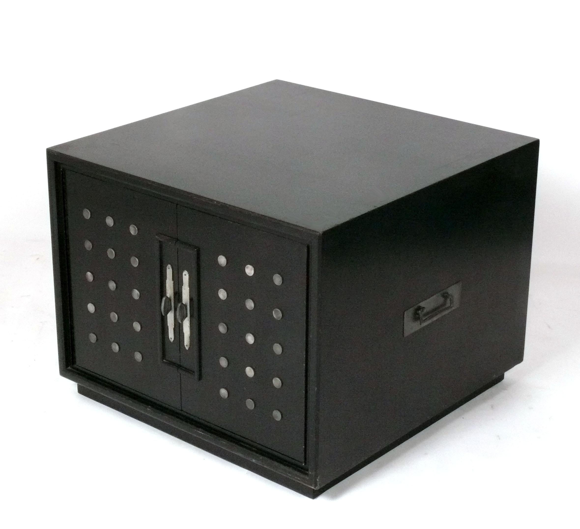 Glamorous Pair of Studded Nightstands, in the style of Tommi Parzinger, unsigned. The price noted INCLUDES refinishing in your choice of color lacquer or stain. The studs and hardware are a satin nickel finish. They are a versatile size and can be