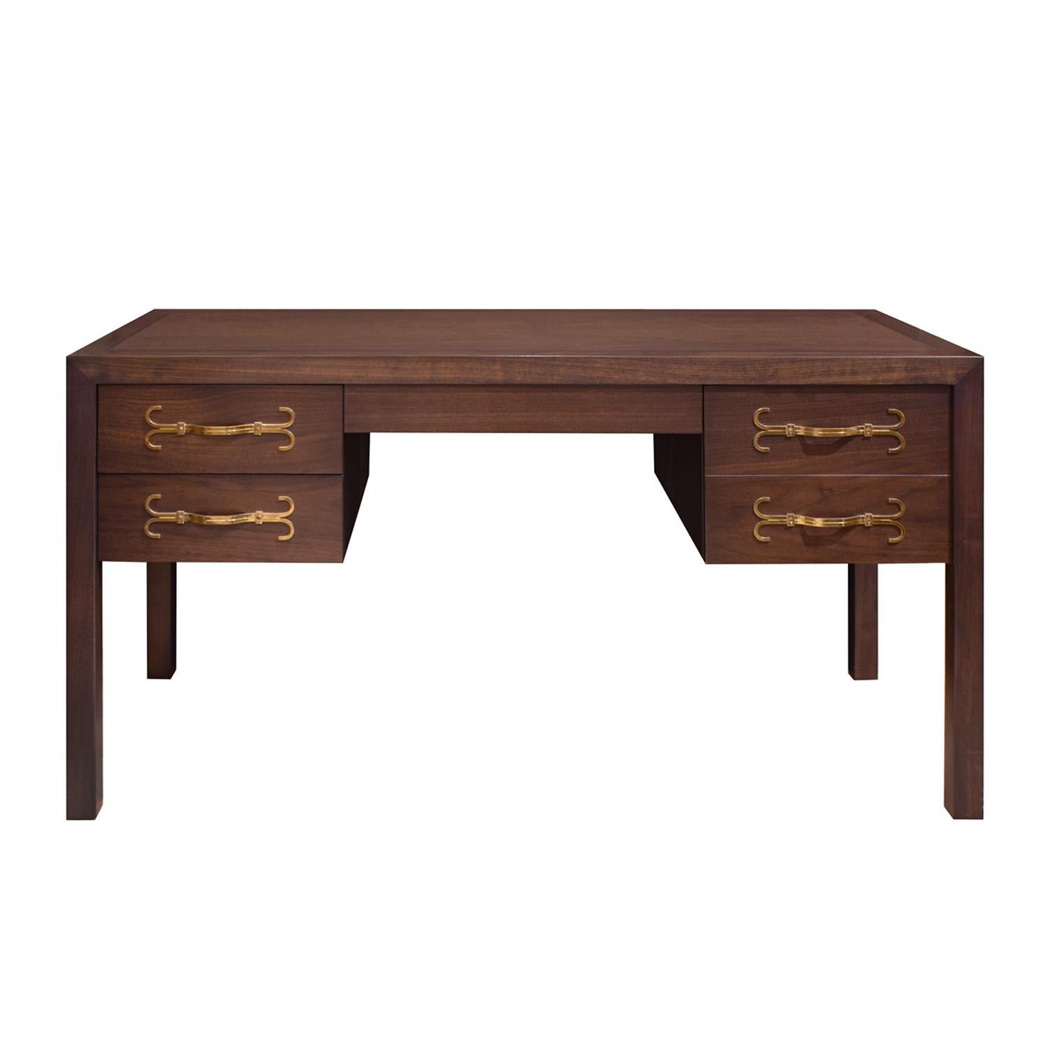 Fine desk in dark walnut with ebonized satinwood inlays on top and exquisite engraved brass hardware on drawers by Tommi Parzinger for Parzinger Originals, American 1960's (branded signature in drawer reads “Parzinger Originals”)  This is a rare