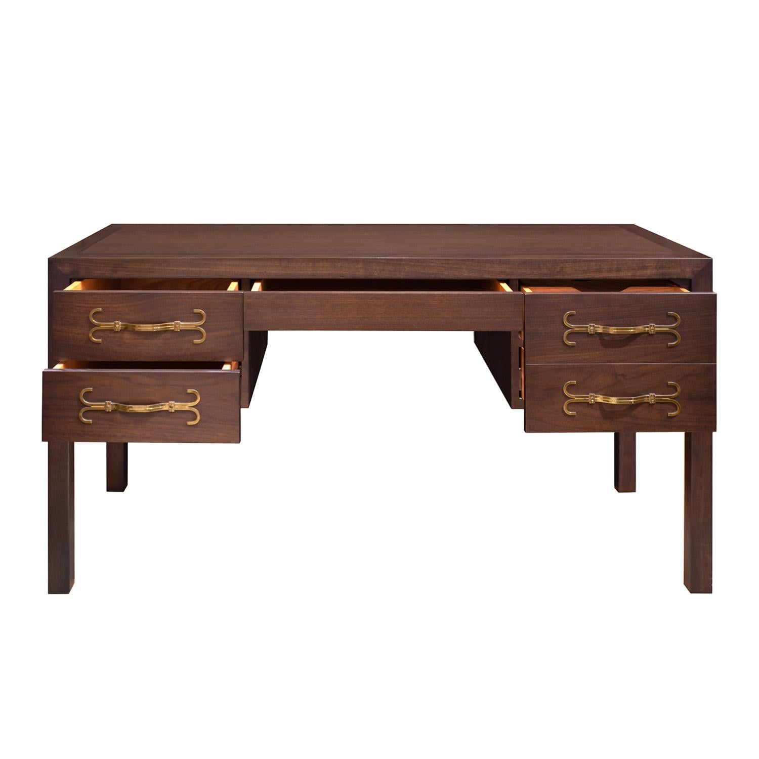 Mid-Century Modern Tommi Parzinger Superb Desk in Walnut with Iconic Brass Hardware 1960s (Signed) For Sale
