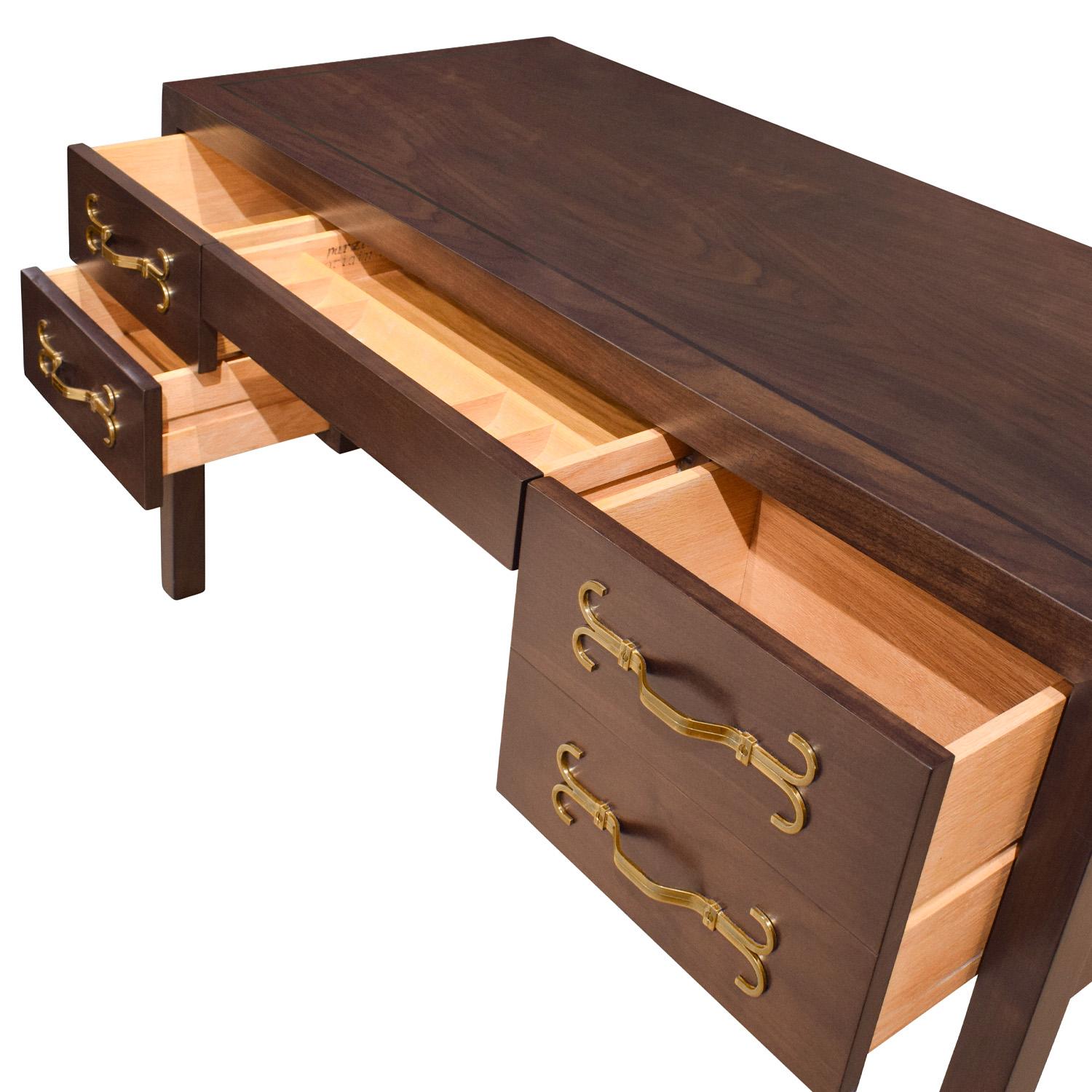 Hand-Crafted Tommi Parzinger Superb Desk in Walnut with Iconic Brass Hardware 1960s (Signed) For Sale