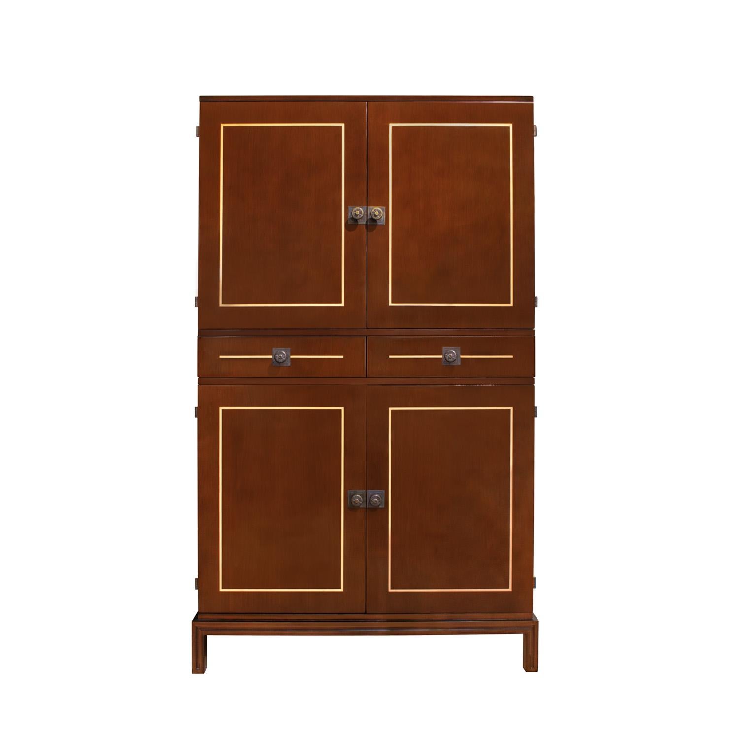 Superbly crafted bar cabinet in walnut with satinwood inlays, engraved bronze pulls, Chinese red lacquered interior and original automatic interior light by Tommi Parzinger for Parzinger Originals, American 1950's (signed “Parzinger Originals” in