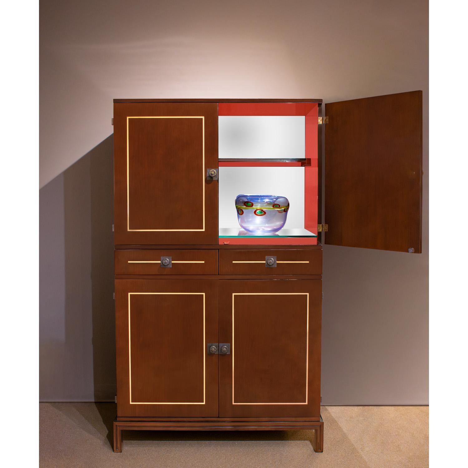 Bronze Tommi Parzinger Superb Illuminated Bar Cabinet with Inlays 1950s (Signed) For Sale