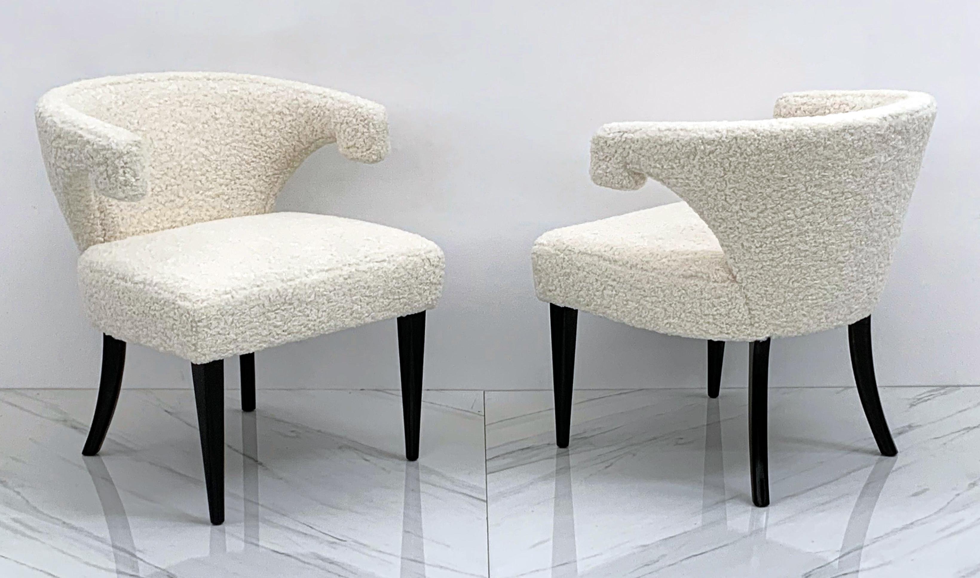 Wood Tommi Parzinger Veronese Klismos Armchairs, a Pair, in White Boucle, 1950's