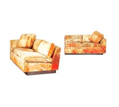 Tommi Parzinger Lebendige Batik Seide Samt Plinth Smoking Zweiteiliges Sofa:: 1960er Jahre