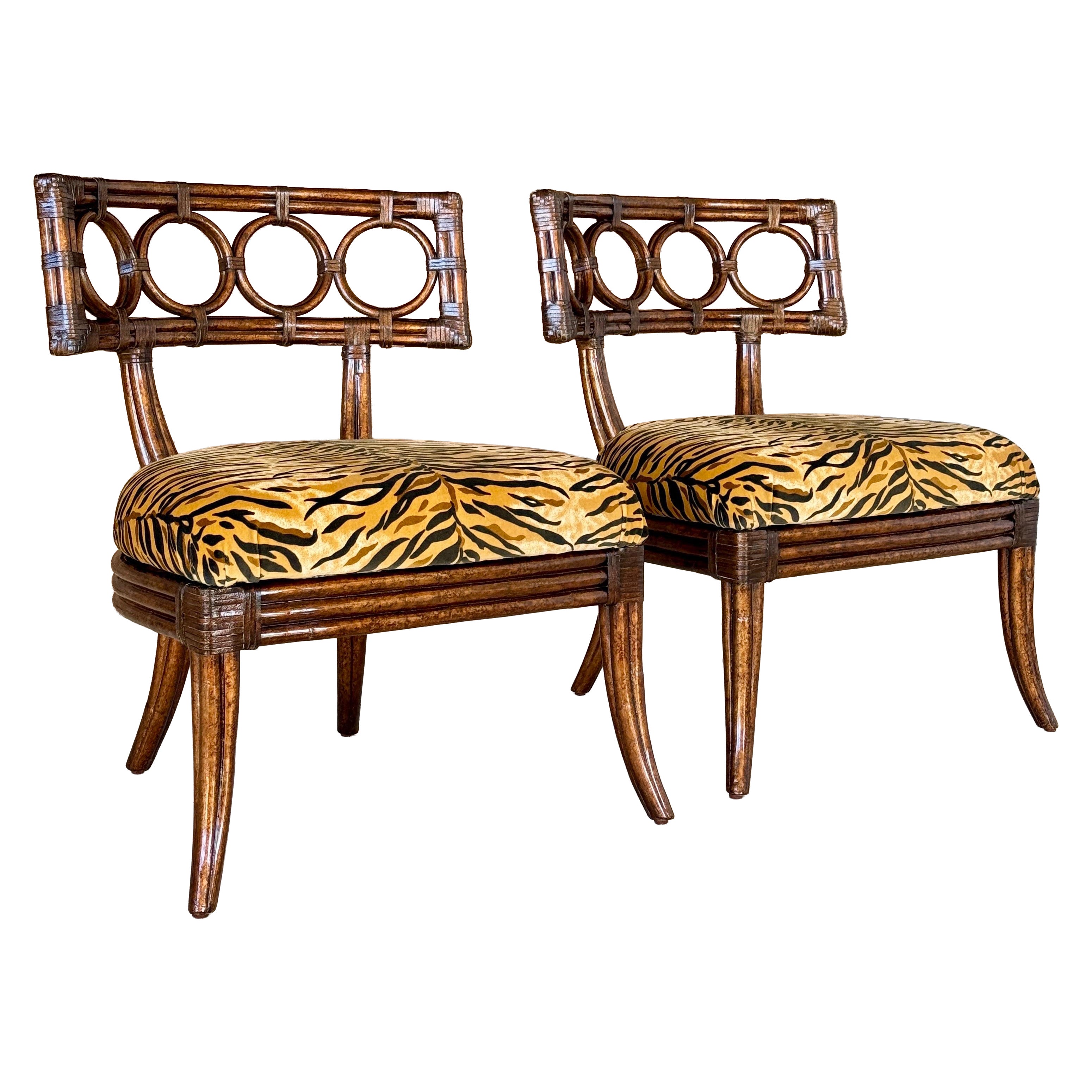 Tommy Bahama Ring Back Rattan Slipper Chairs in Scalamandre Tigre – Pair For Sale
