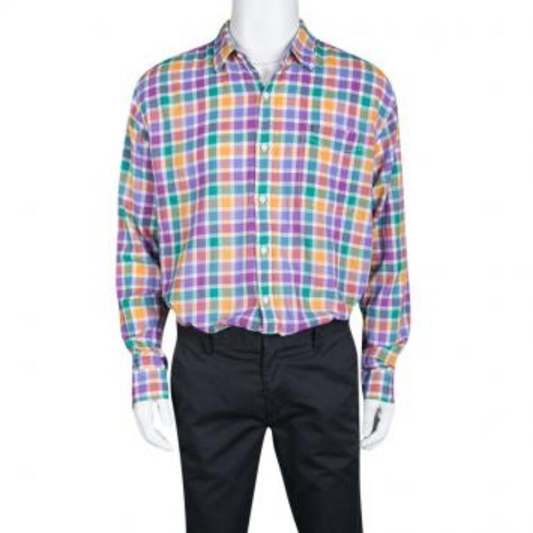 Tommy Hilfiger Mehrfarbig kariertes langärmeliges Vintage Fit Shirt aus Baumwolle XL (Grau) im Angebot