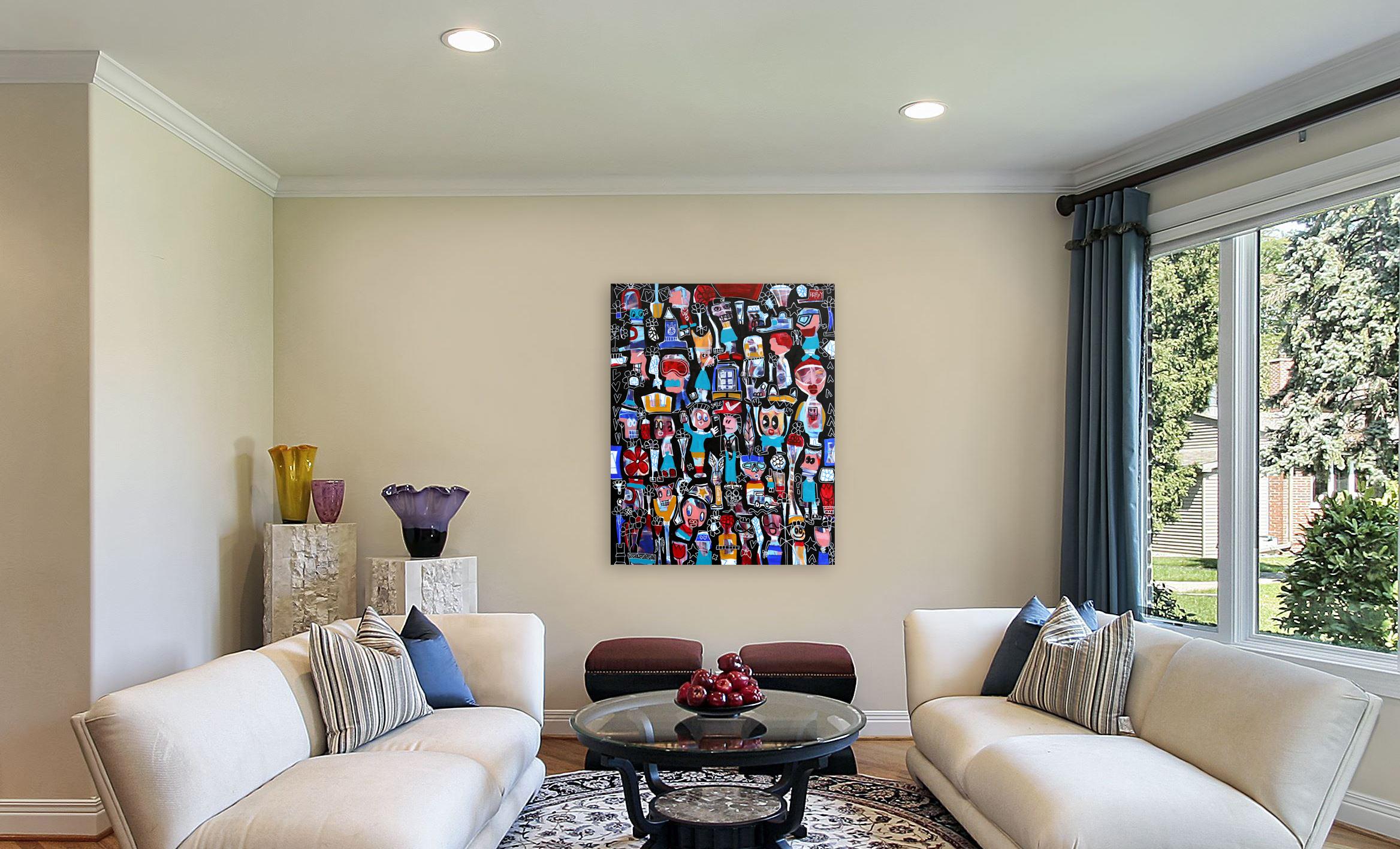 Manos arriba - Amigos y familia Pintura neoexpresionista de gran tamaño sobre lienzo en venta 1