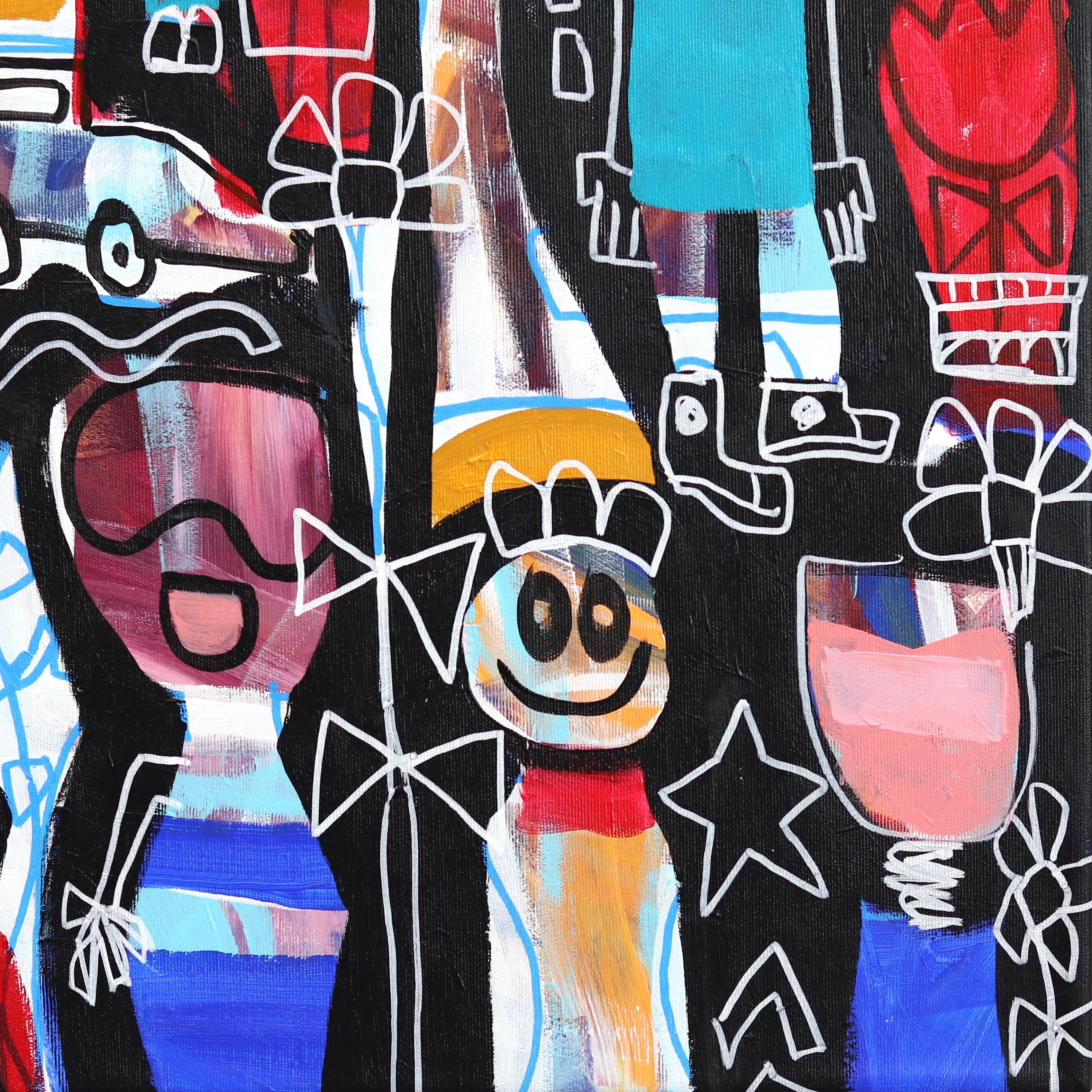 Manos arriba - Amigos y familia Pintura neoexpresionista de gran tamaño sobre lienzo en venta 3