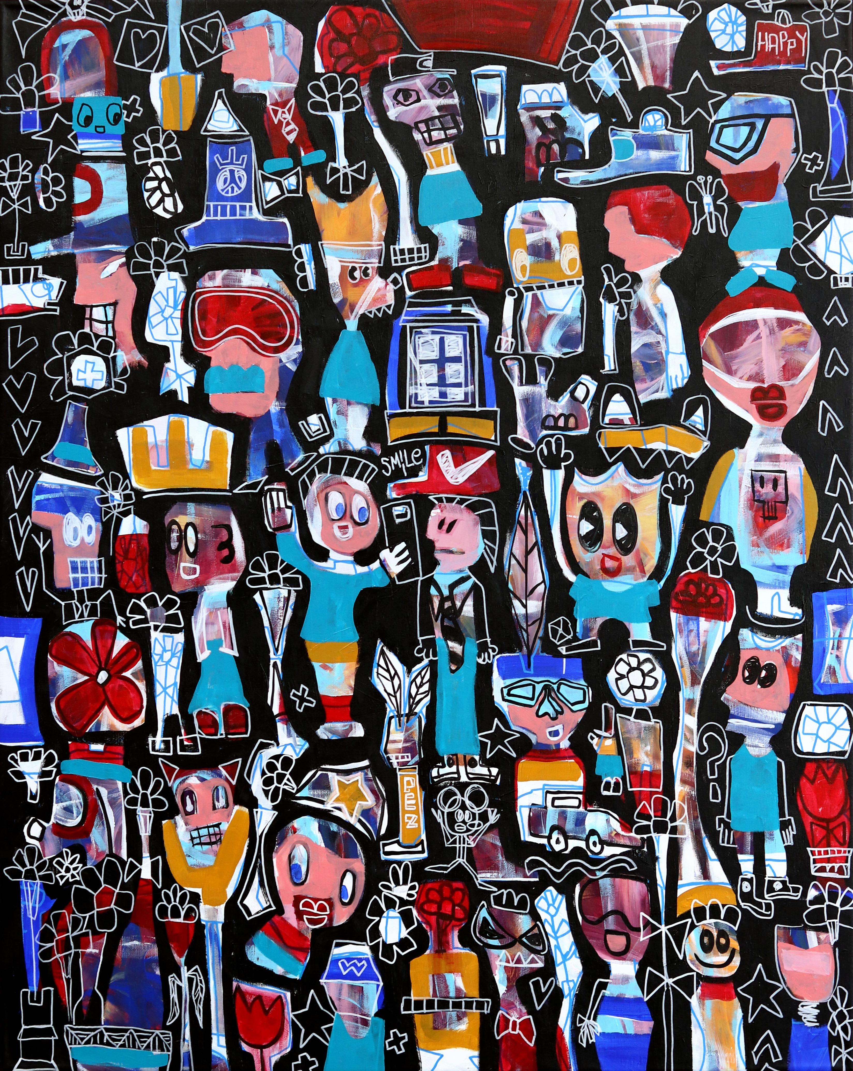 Hands Up - Freunde und Familie Neoexpressionistisches großes Gemälde auf Leinwand