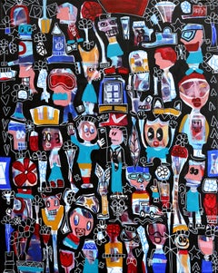 Hands Up - Freunde und Familie Neoexpressionistisches großes Gemälde auf Leinwand