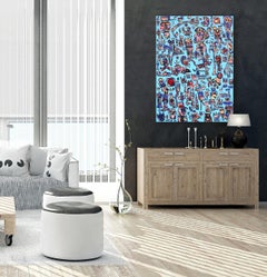 Look At Me - Neo-Expressionist Characters on Blue Canvas Painting